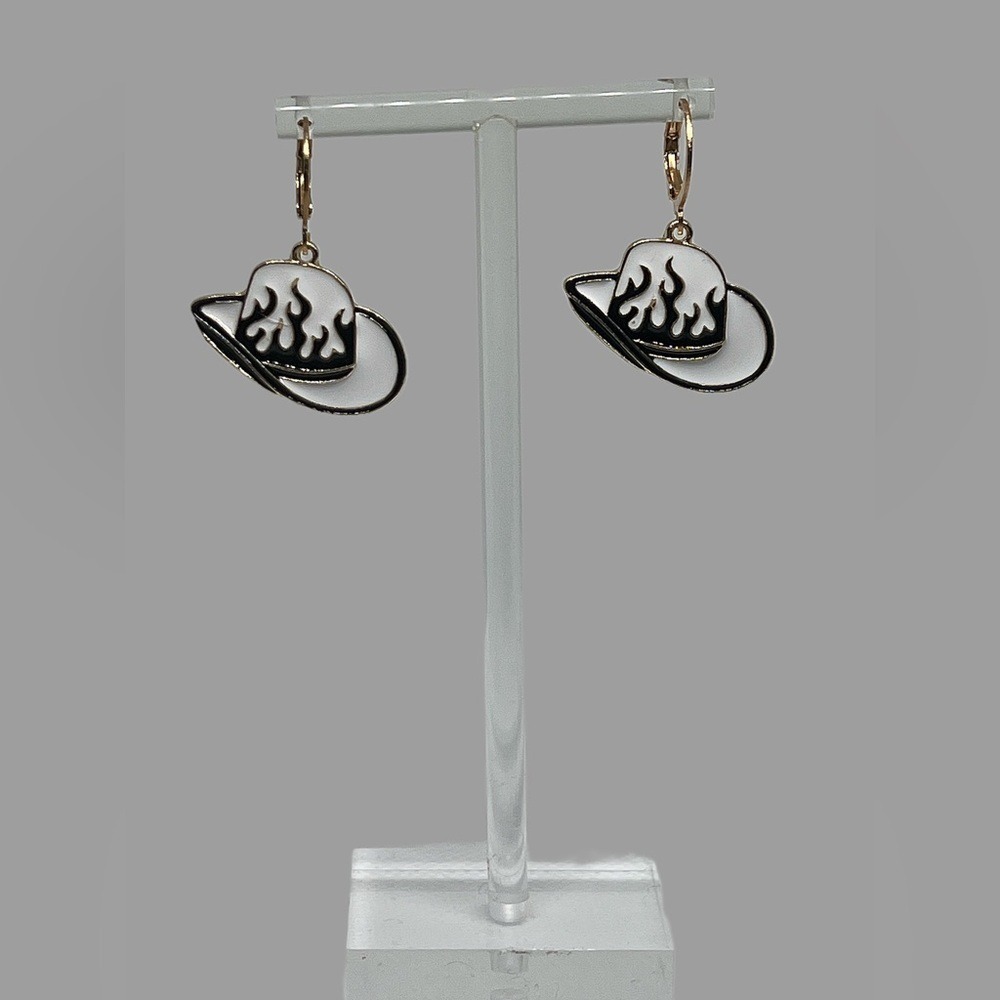 Black Flame White Cowboy Hat Enamel Drop Earrings Gold Tone‎ Lever Back Hoops